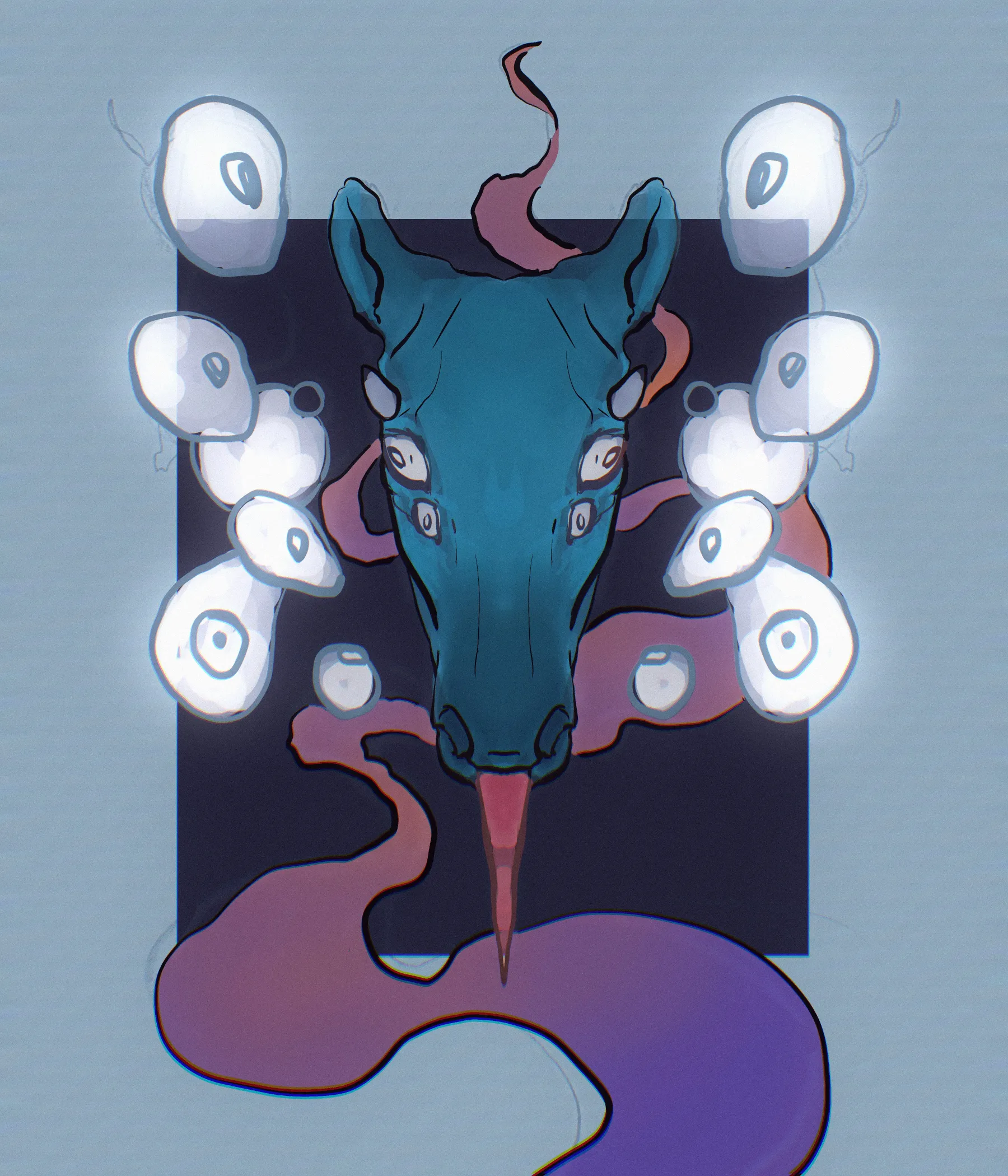 digital artwork of a horse like creature with its tongue out, and symmetrical frog eggs either side